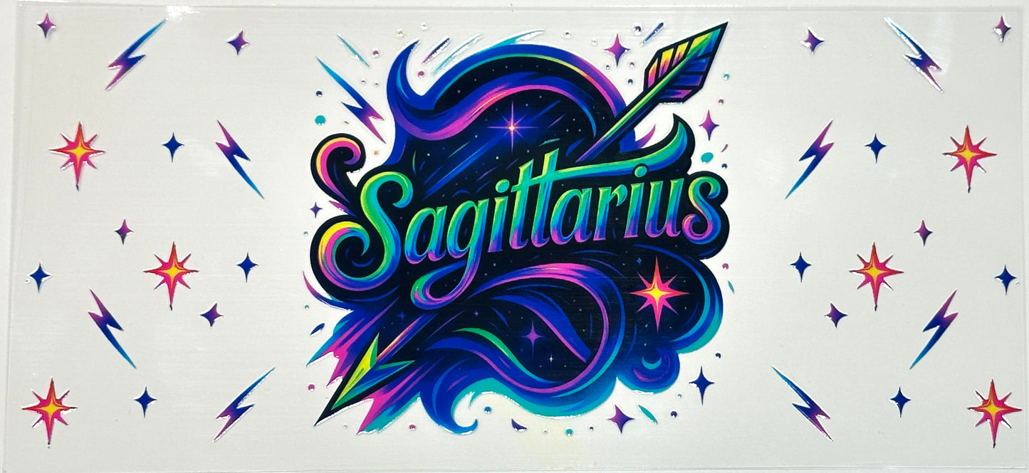 Colorful 'Sagittarius' design with stars and arrows 