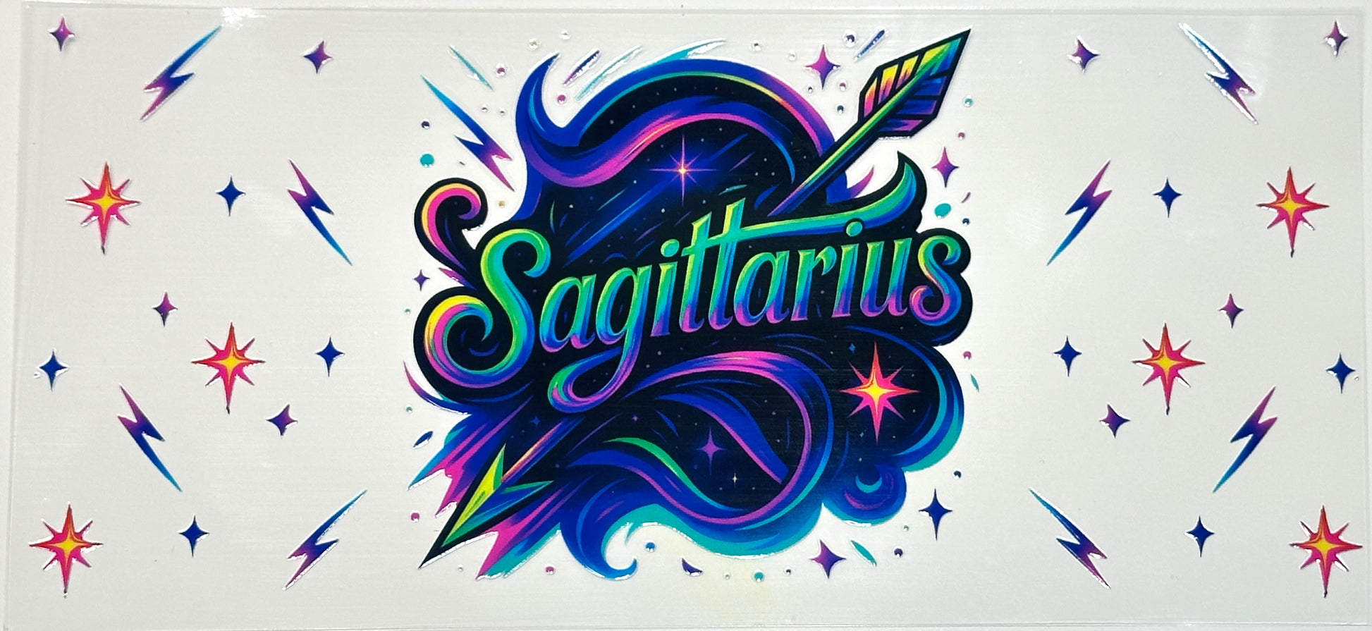 Colorful 'Sagittarius' design with stars and arrows 