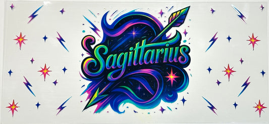 Colorful 'Sagittarius' design with stars and arrows 