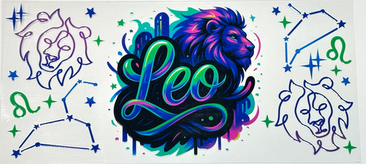 Colorful 'Leo' design with lion illustrations and astrological symbols 