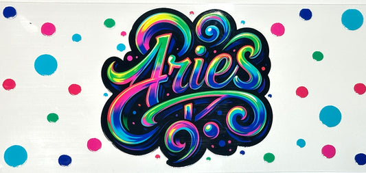 Colorful 'Aries' text with polka dots