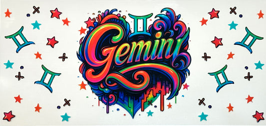 Colorful 'Gemini' design with star patterns 