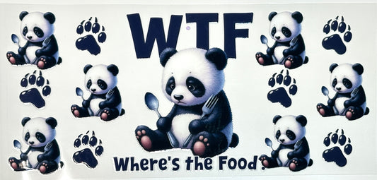 Cartoon panda with text 'WTF Where's the Food' surrounded by paw prints 