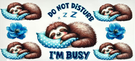 Cartoon sloths sleeping with blue pillows and 'Do Not Disturb' text 
