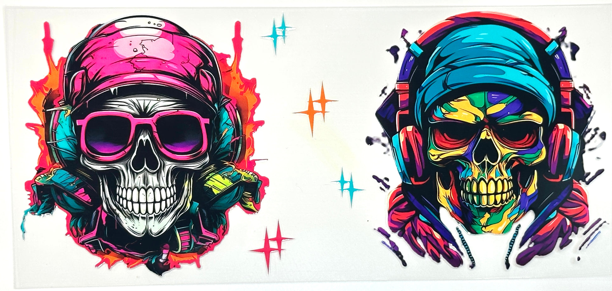 Two colorful skull designs with bandanas and headphones .