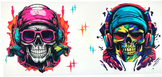 Two colorful skull designs with bandanas and headphones .