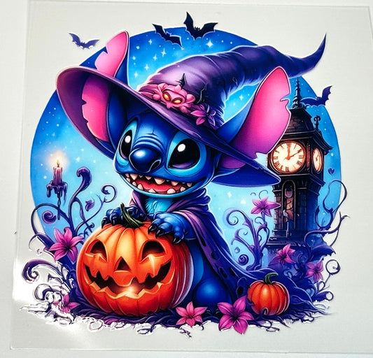 Cartoon character in a witch costume with pumpkins and a clock tower in the background