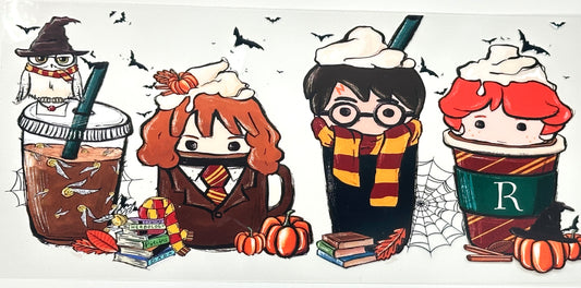 Cartoon characters resembling HP and friends with drinks and books 