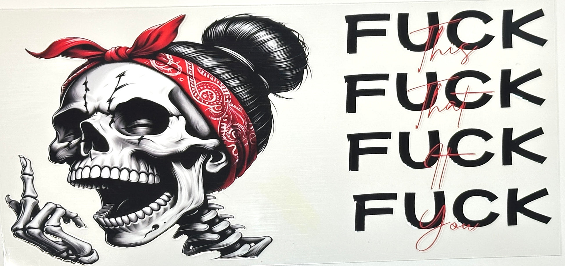 Skull with red bandana and text 