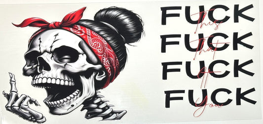 Skull with red bandana and text 