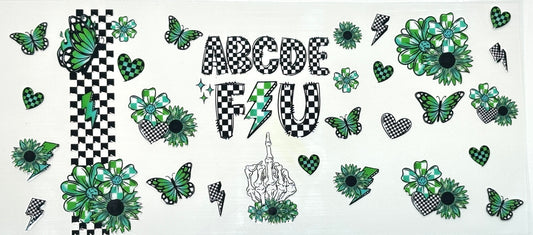 Decorative sheet with letters, flowers, and checkered patterns 