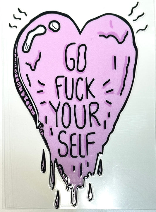 Purple heart with text 'GO F*CK YOURSELF' 