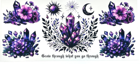 Collection of purple crystal and floral designs with motivational text 