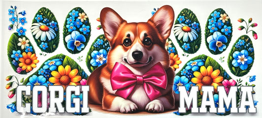 Sticker with a corgi dog wearing a pink bow tie surrounded by colorful flowers and the text 'GORDI MAMA'.