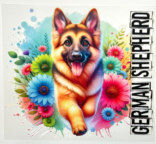 Colorful illustration of a German Shepherd surrounded by flowers 
