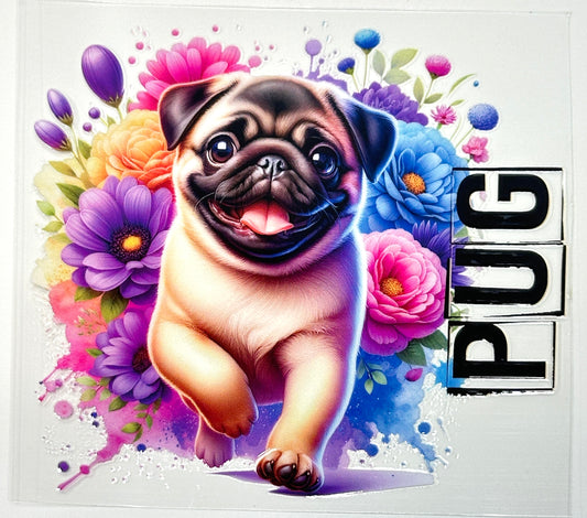 Cartoon pug surrounded by colorful flowers 