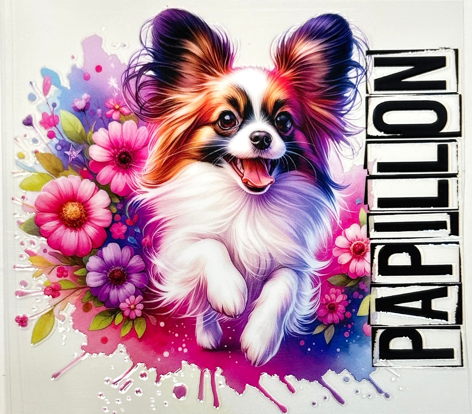 Colorful illustration of a Papillon dog surrounded by flowers with 'Papillon' text.
