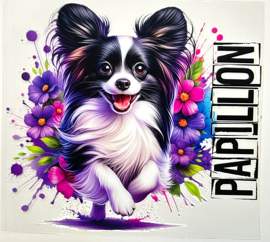 Colorful illustration of a Papillon dog with flowers and the word 'Papillon' 