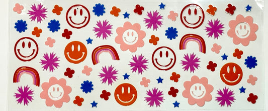 Colorful stickers with smiley faces, flowers, and rainbows 