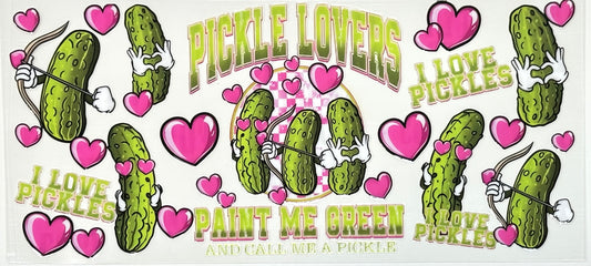 Cartoon pickle characters with hearts and text 