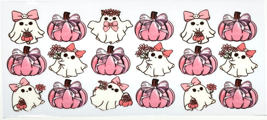 Set of cute illustrations of pumpkins and ghosts with pink bows 
