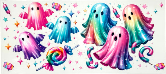 Colorful ghost illustrations with candy-themed elements 