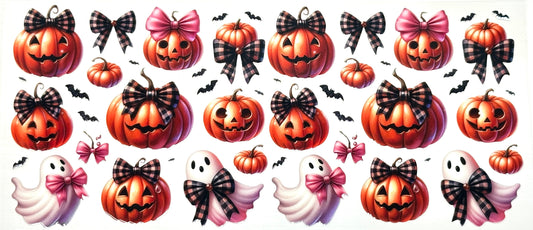 Halloween-themed stickers with pumpkins, ghosts, and bows 
