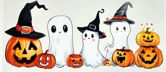 Cartoon ghosts and pumpkins with Halloween hats 