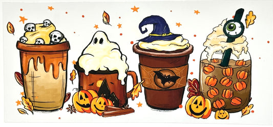 Four Halloween-themed hot drinks with pumpkins, ghosts, and witch hats 
