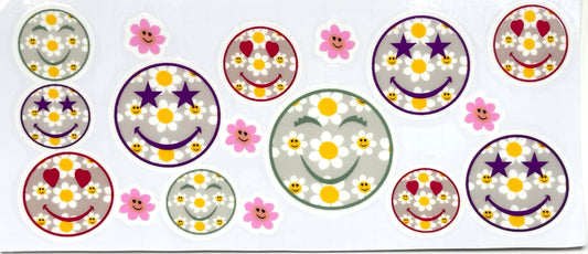 Set of colorful smiley face stickers with flowers 