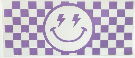 Checkered pattern with a smiley face design featuring lightning bolts