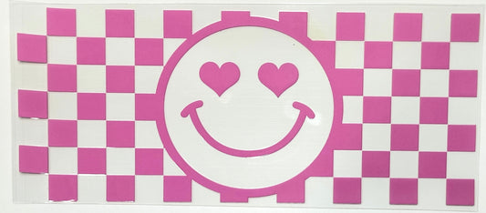 Checkered pattern with a smiley face design featuring hearts on a pink and white background.