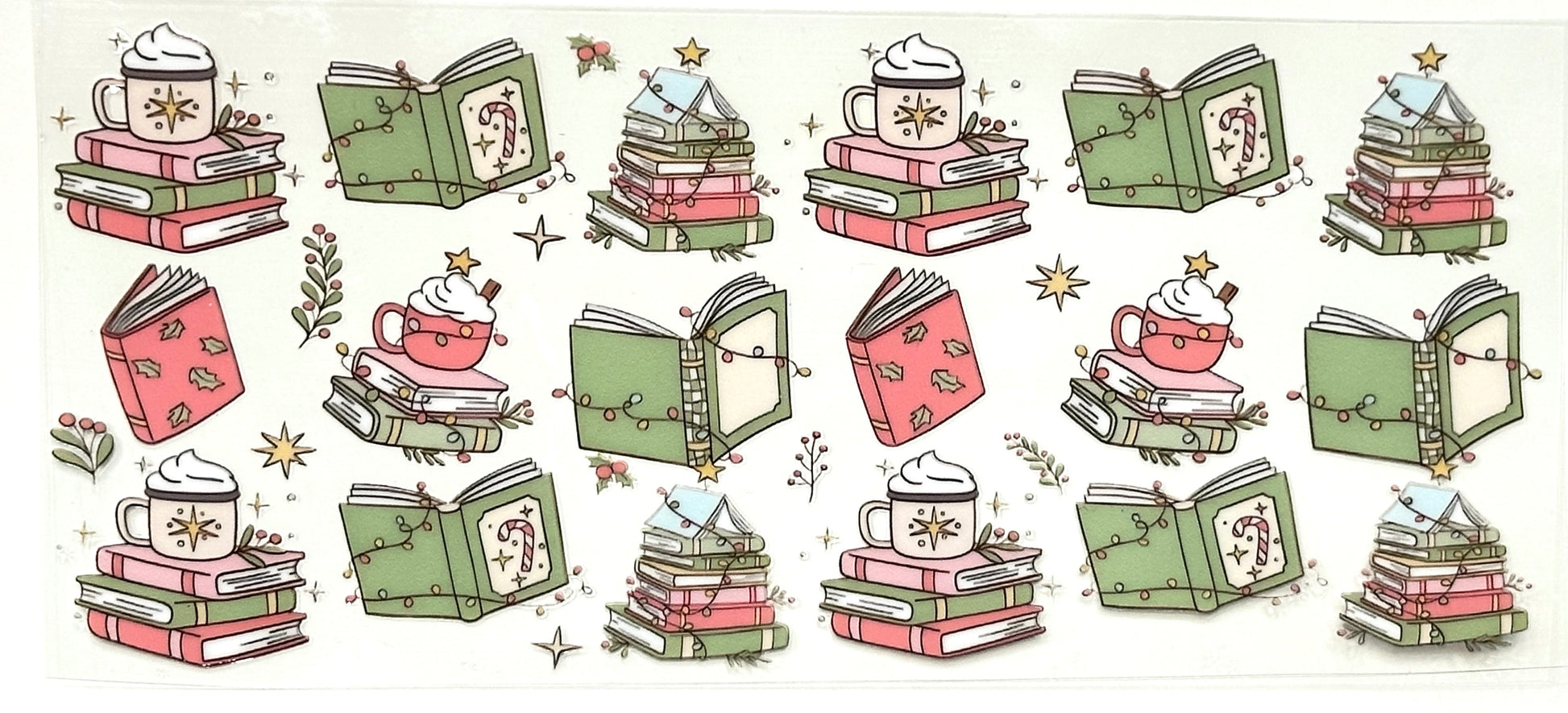 Illustrations of books and mugs with a cozy, festive theme 