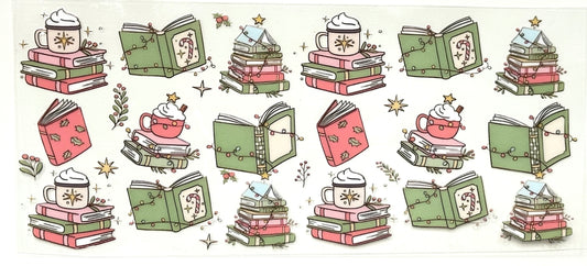 Illustrations of books and mugs with a cozy, festive theme 