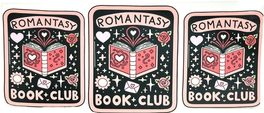 Three identical stickers with 'Romantasy Book Club' design featuring a book and hearts.
