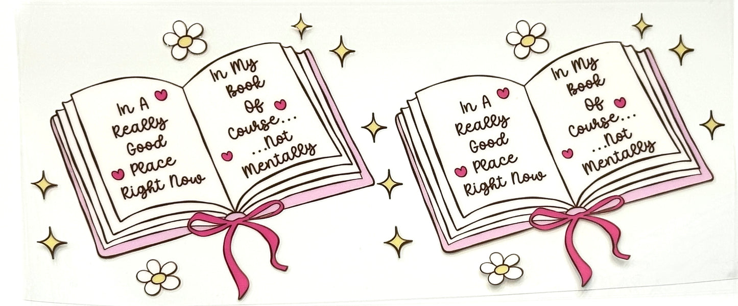 Two open books with text and ribbons on a white background