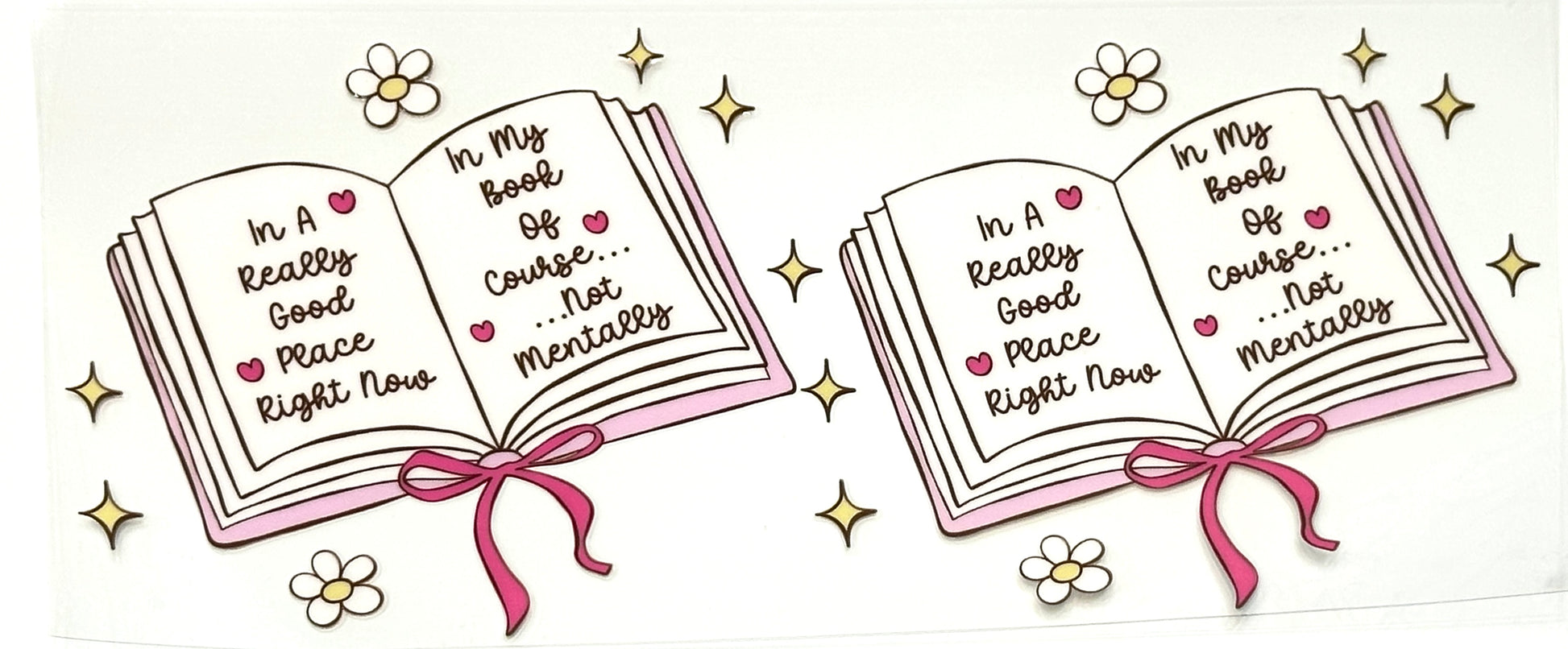 Two open books with text and ribbons on a white background