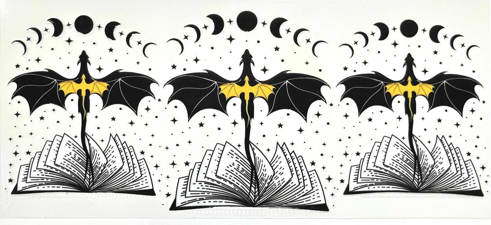 Three identical illustrations of a witch with a broomstick, open book, and yellow bow on a black and white background with moon phases.
