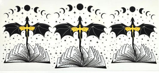 Three identical illustrations of a witch with a broomstick, open book, and yellow bow on a black and white background with moon phases.