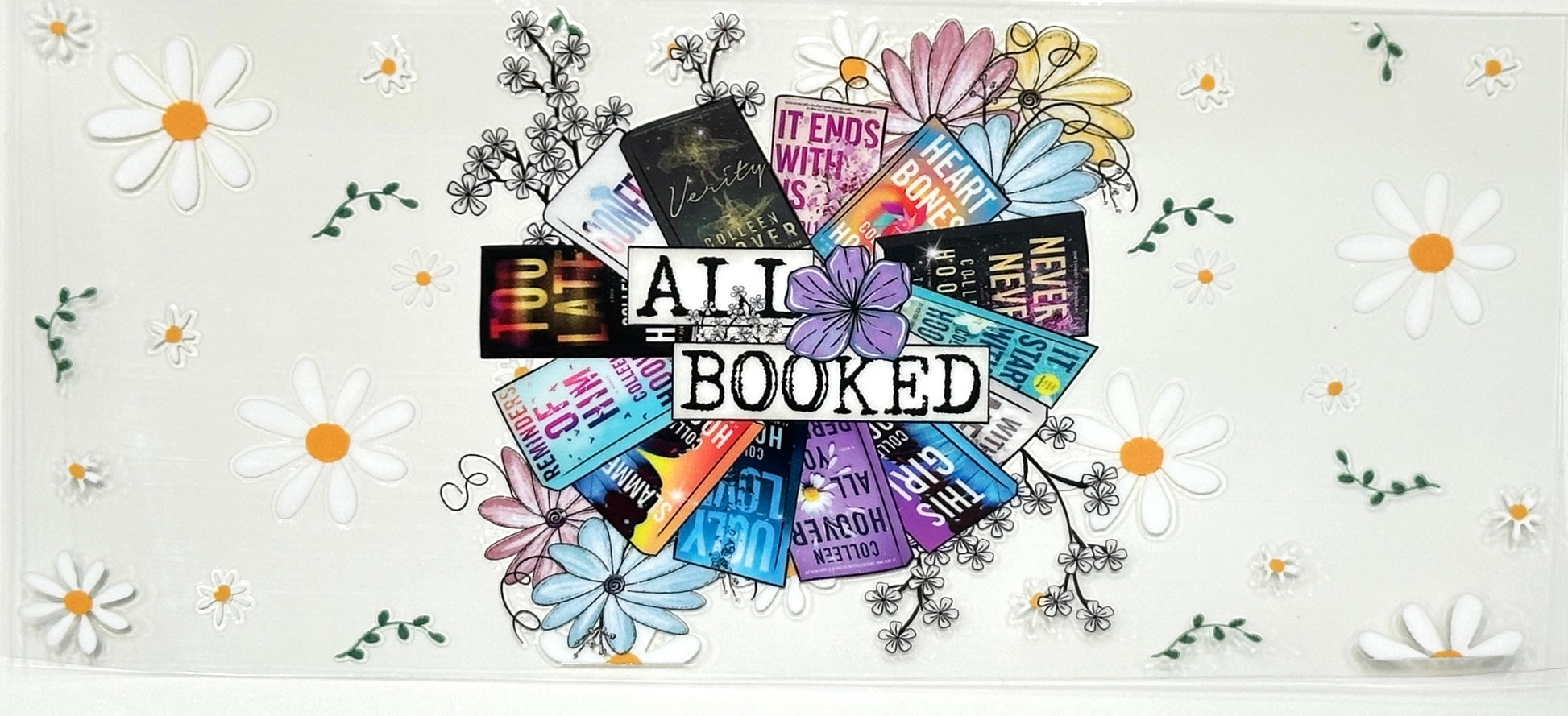 Decorative banner with books and flowers on a light gray background, featuring the text 'All Booked'.