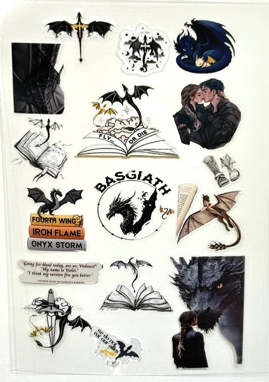 Collection of dragon-themed stickers and illustrations on a white background
