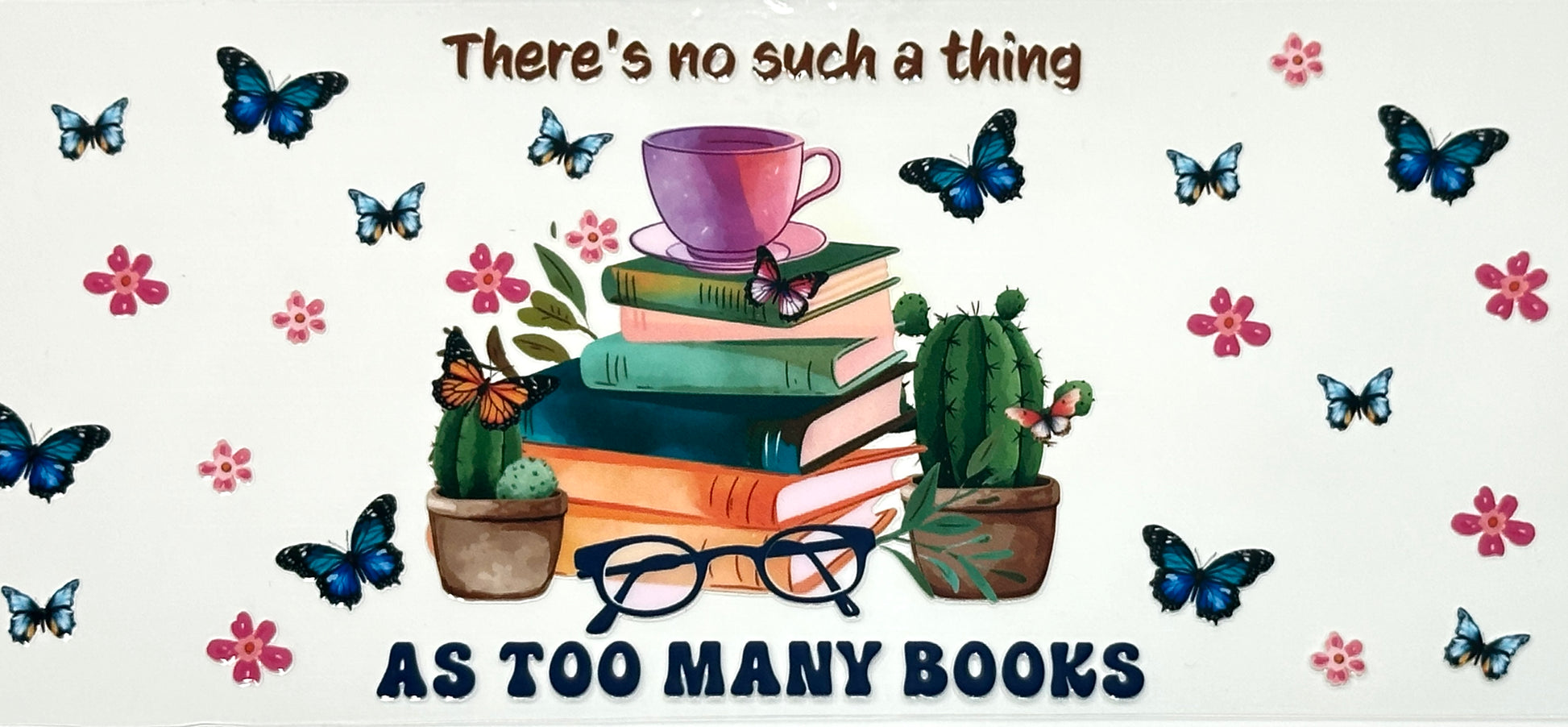 Stack of books with a cup, glasses, and plants on a decorative background with butterflies and flowers.