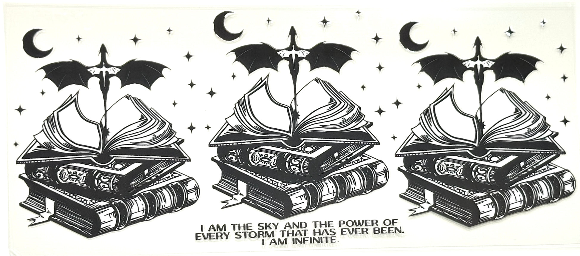 Three identical illustrations of open books with wings, a sword, and crescent moons on a white background.