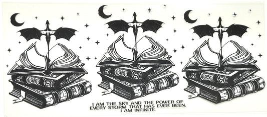 Three identical illustrations of open books with wings, a sword, and crescent moons on a white background.