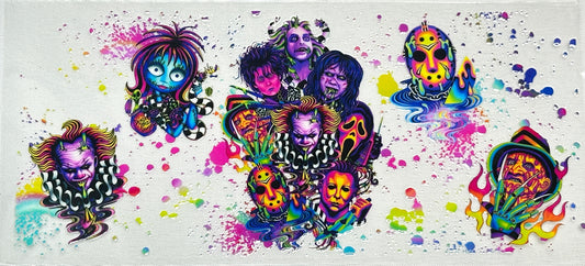 Colorful abstract art with stylized faces and splashes of paint 