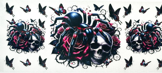 Decorative design with black spider, skulls, roses, and butterflies 