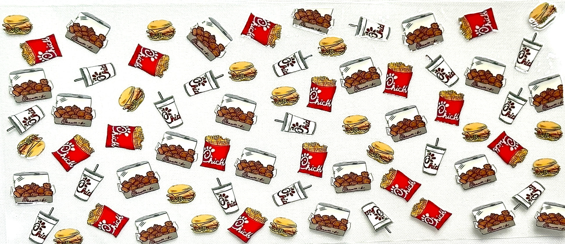 Pattern of fast food items including burgers, fries, and drinks 