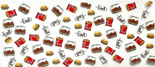 Pattern of fast food items including burgers, fries, and drinks 
