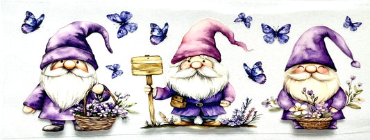 Three purple gnomes with lavender-themed decorations 