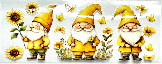 Three cartoon gnomes with yellow hats and sunflowers 